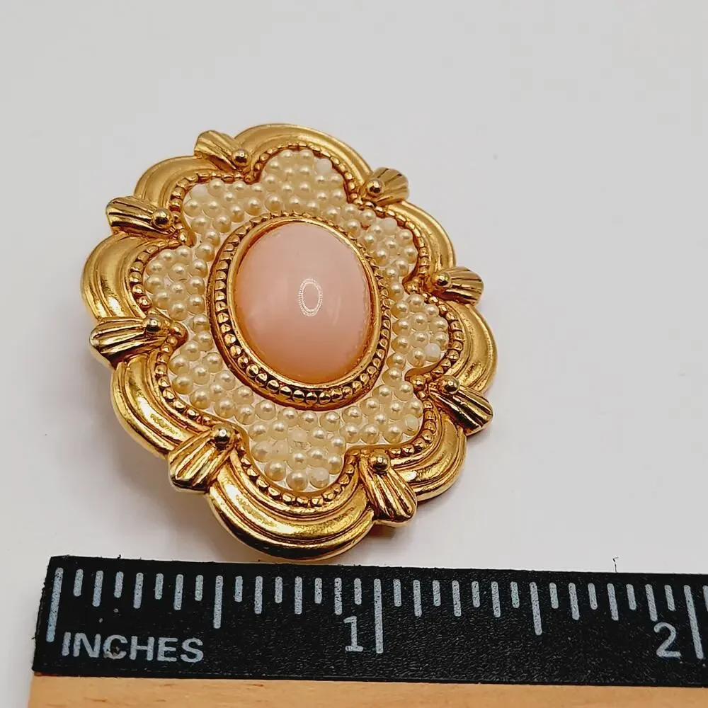 Vintage Gold Tone Brooch, Pink Cabochon Center, Faux Seed Pearl Design